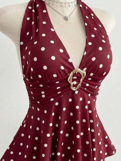 Elamini Women's Simple Polka Dot Metal Decor Halter Neck Tank Top, Summer