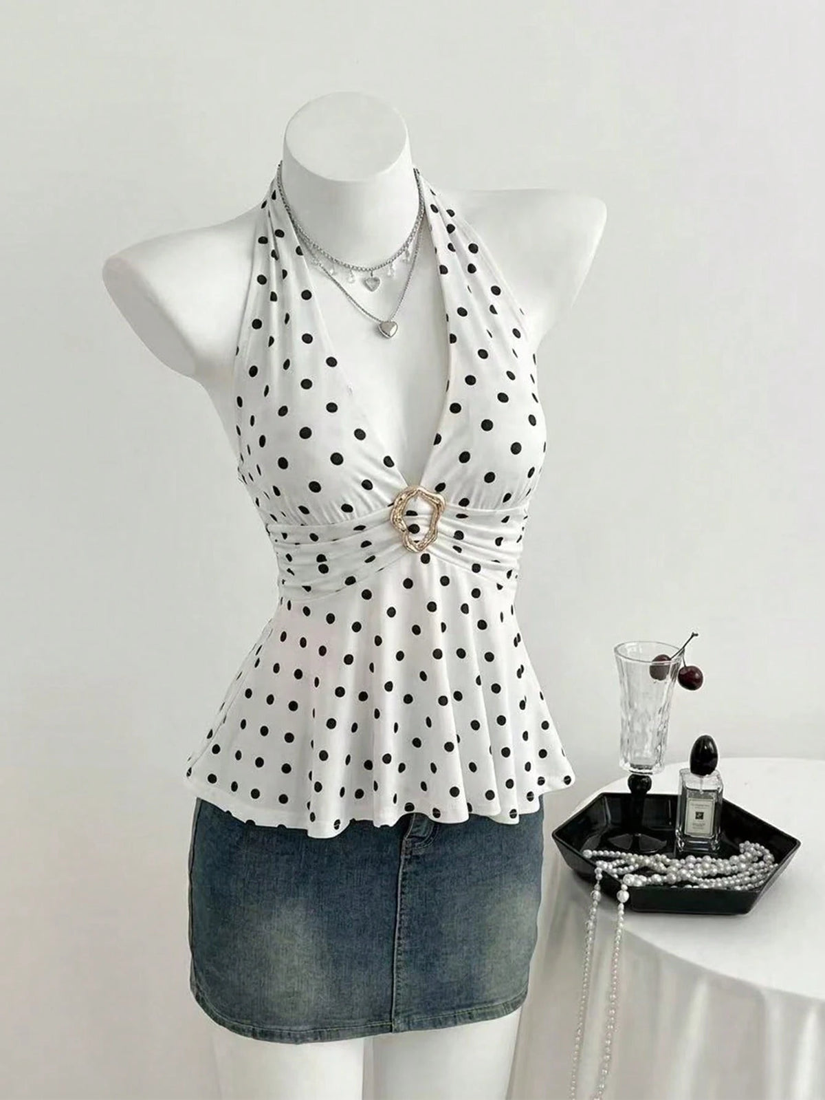 Elamini Women's Simple Polka Dot Metal Decor Halter Neck Tank Top, Summer