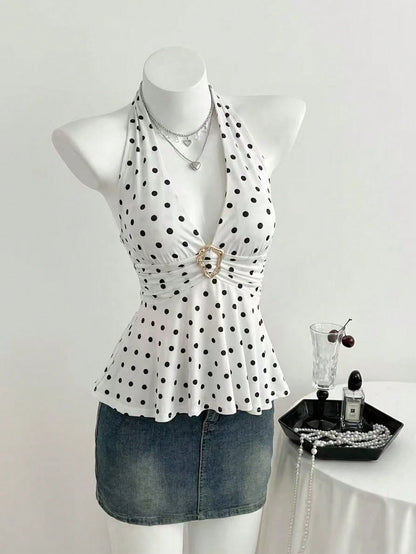 Elamini Women's Simple Polka Dot Metal Decor Halter Neck Tank Top, Summer