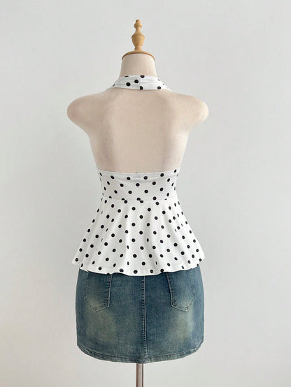 Elamini Women's Simple Polka Dot Metal Decor Halter Neck Tank Top, Summer