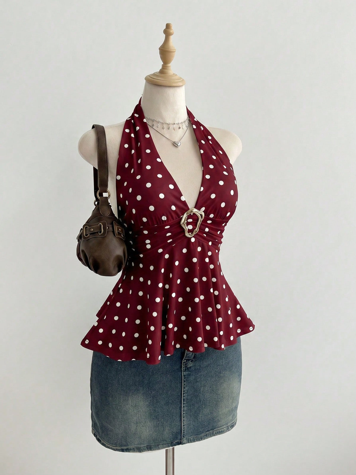 Elamini Women's Simple Polka Dot Metal Decor Halter Neck Tank Top, Summer