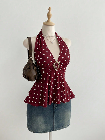 Elamini Women's Simple Polka Dot Metal Decor Halter Neck Tank Top, Summer