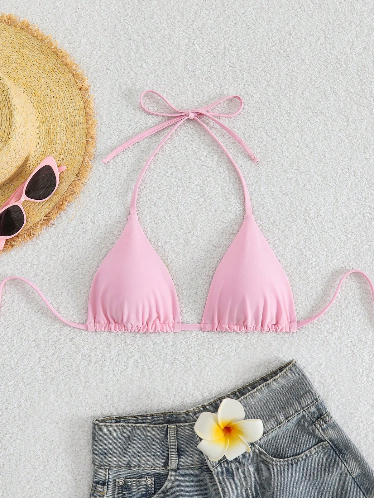 Elavelle Women's Solid Color Halter Neck Tie Front Sexy Bikini Top For Summer Beach Vacation