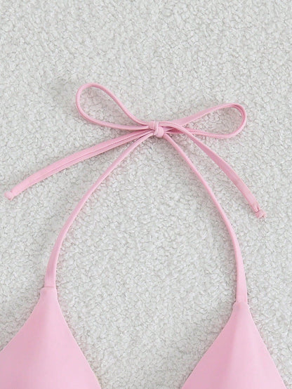 Elavelle Women's Solid Color Halter Neck Tie Front Sexy Bikini Top For Summer Beach Vacation