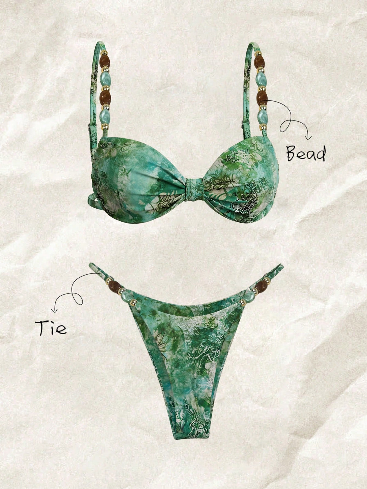 Elavelle Women's Spring/Summer Random Print Spaghetti Strap Beaded Decor Ruched Bikini Set