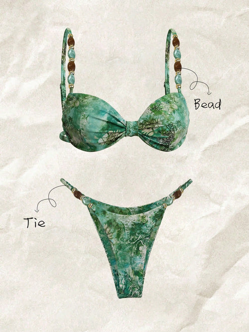 Elavelle Women's Spring/Summer Random Print Spaghetti Strap Beaded Decor Ruched Bikini Set