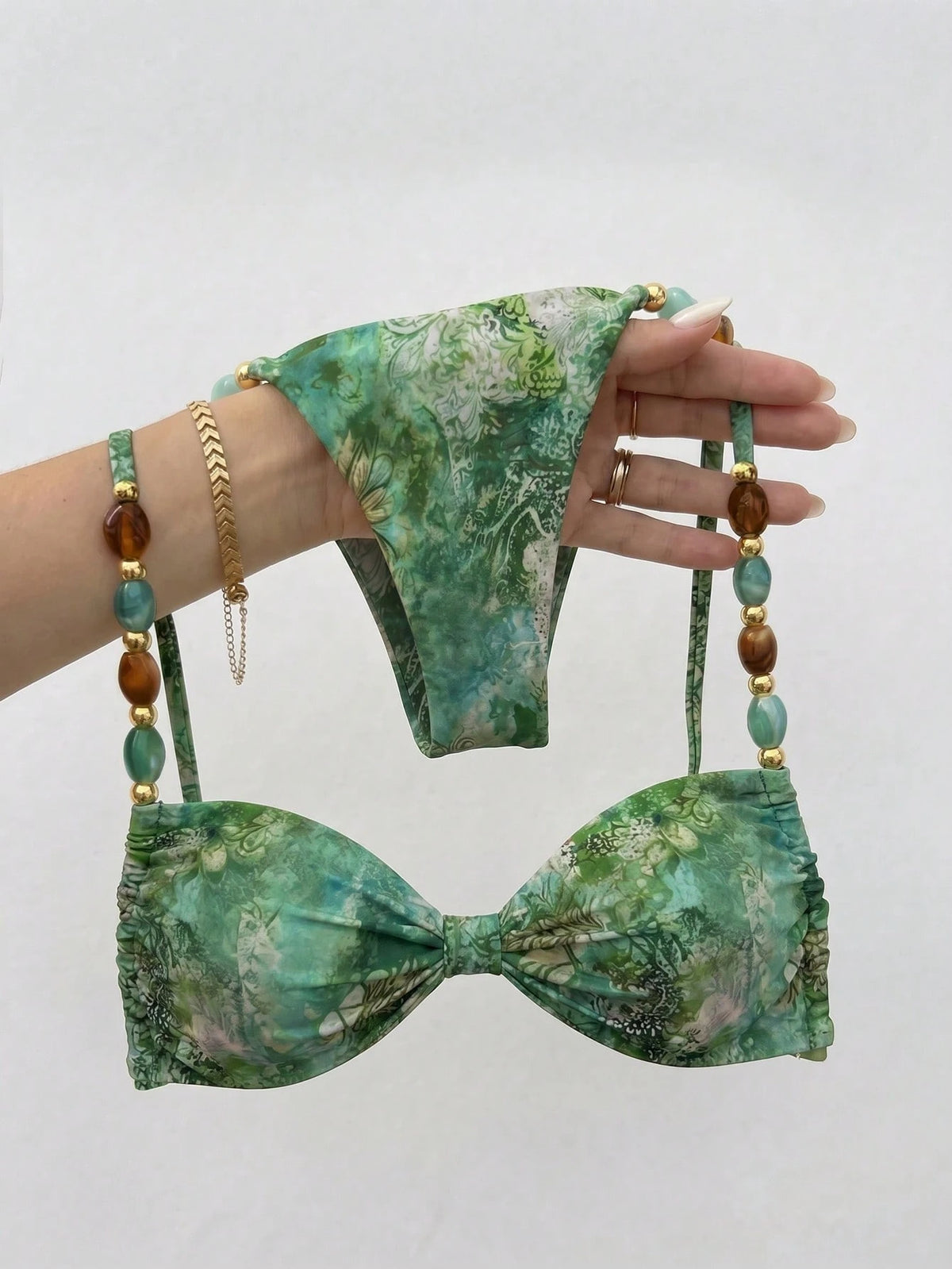 Elavelle Women's Spring/Summer Random Print Spaghetti Strap Beaded Decor Ruched Bikini Set