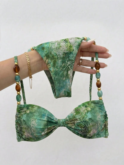 Elavelle Women's Spring/Summer Random Print Spaghetti Strap Beaded Decor Ruched Bikini Set