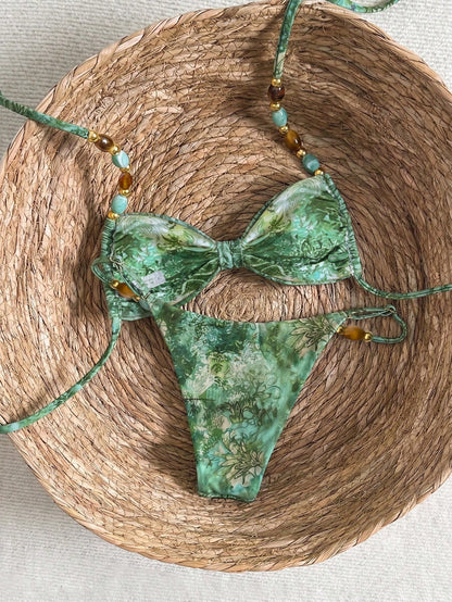 Elavelle Women's Spring/Summer Random Print Spaghetti Strap Beaded Decor Ruched Bikini Set