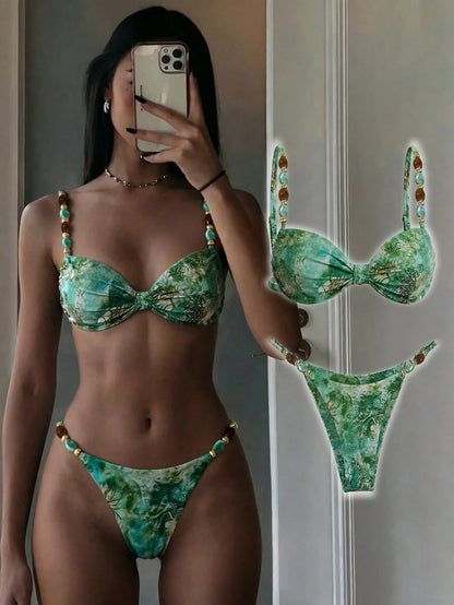 Elavelle Women's Spring/Summer Random Print Spaghetti Strap Beaded Decor Ruched Bikini Set