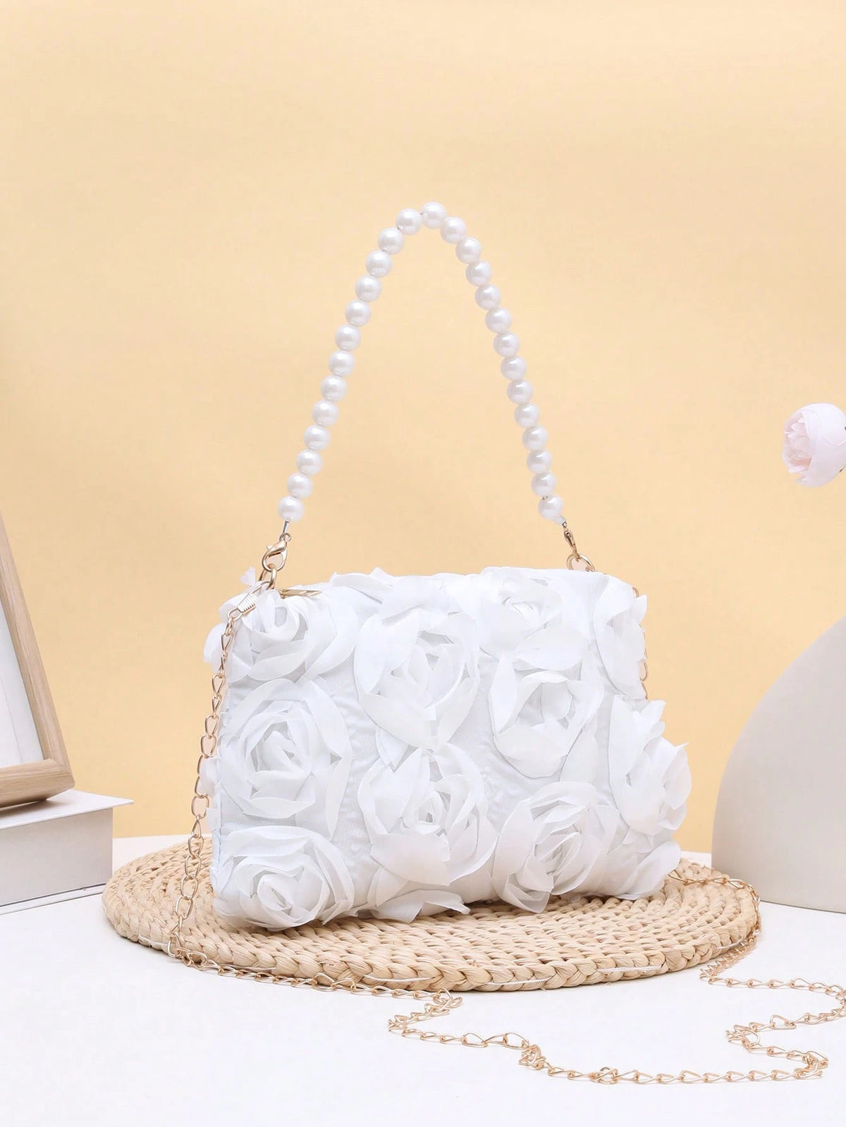 Elegant 3D Rose Flower Shoulder Bag, Metal Chain Crossbody Bag, Women's Faux Pearl Handbag, Women's Party Dress, Party Bag, Holiday Party Dress, Valentine's Day Gift, Bridal Bag, Bridesmaid Bag, Suita