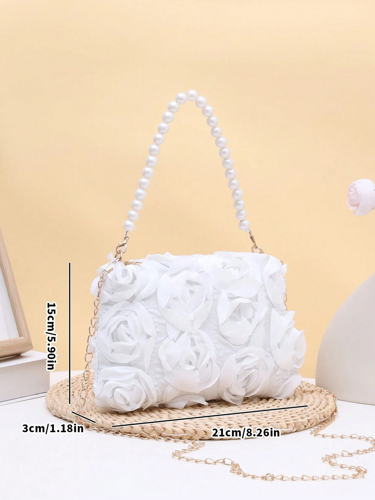 Elegant 3D Rose Flower Shoulder Bag, Metal Chain Crossbody Bag, Women's Faux Pearl Handbag, Women's Party Dress, Party Bag, Holiday Party Dress, Valentine's Day Gift, Bridal Bag, Bridesmaid Bag, Suita