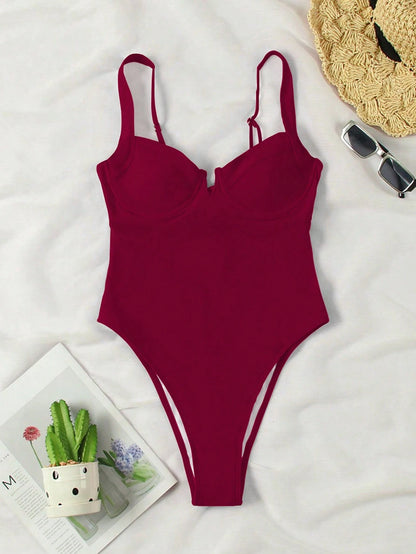 Elegant Burgundy Wide Strap One-Piece Swimsuit, Sexy Swimwear Suitable For Beach Vacation And Party Summer