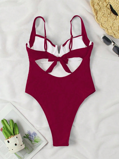 Elegant Burgundy Wide Strap One-Piece Swimsuit, Sexy Swimwear Suitable For Beach Vacation And Party Summer