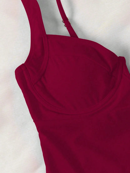 Elegant Burgundy Wide Strap One-Piece Swimsuit, Sexy Swimwear Suitable For Beach Vacation And Party Summer