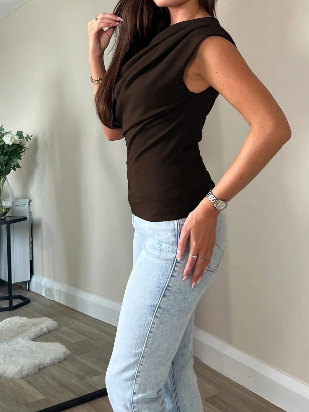 Elegant Casual Chic Asymmetrical Shoulder Crop Top,Slim Fit Sexy Bare Shoulder Short Shirt For Women Summer Brown
