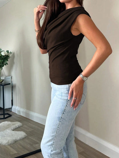 Elegant Casual Chic Asymmetrical Shoulder Crop Top,Slim Fit Sexy Bare Shoulder Short Shirt For Women Summer Brown