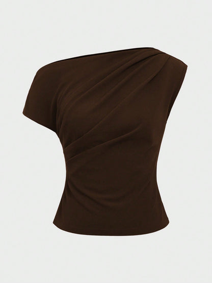 Elegant Casual Chic Asymmetrical Shoulder Crop Top,Slim Fit Sexy Bare Shoulder Short Shirt For Women Summer Brown
