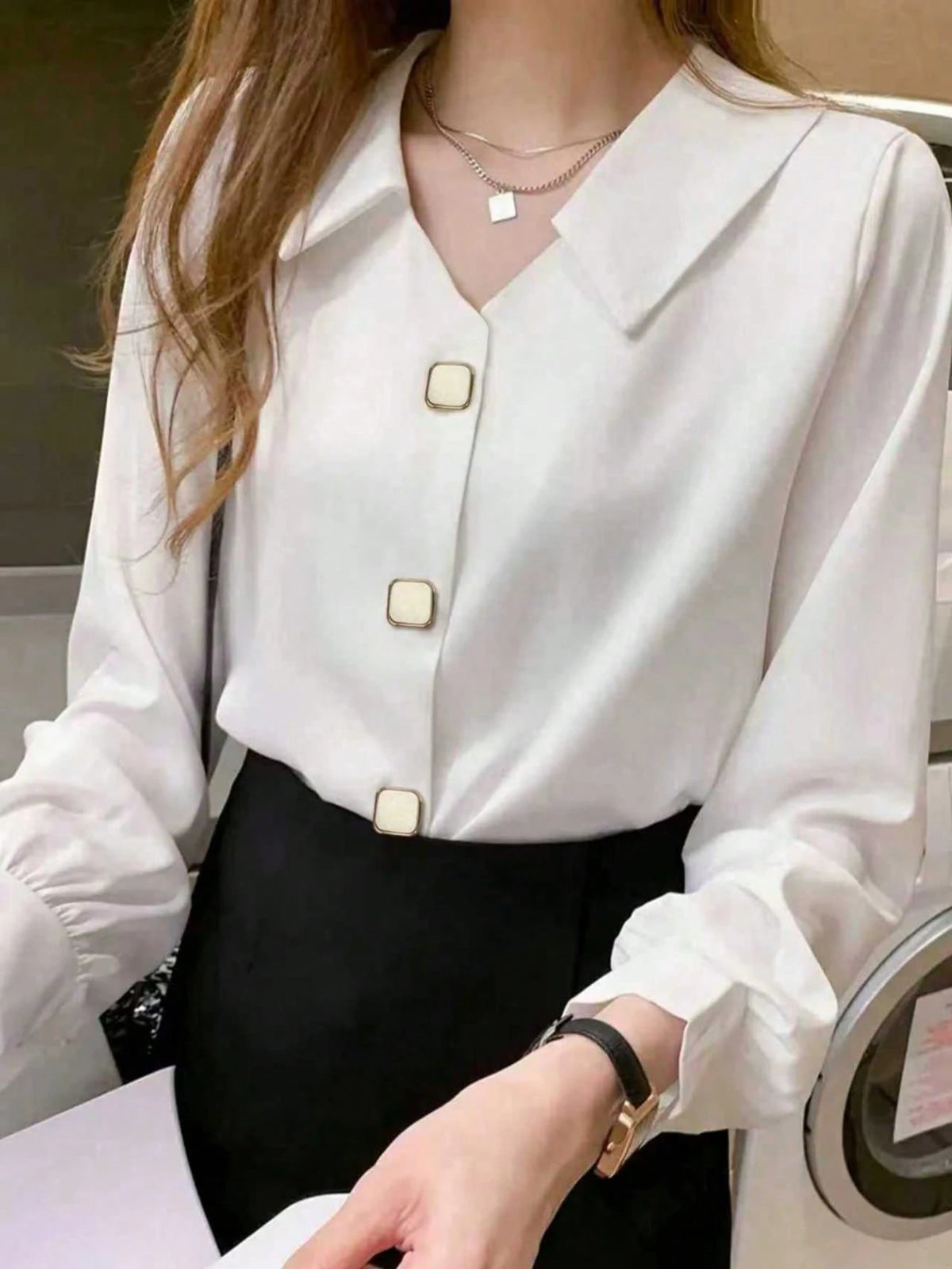 Elegant Long Sleeve Design Satin Shirt, Chic And Mature Hong Kong Style Casual White Spring