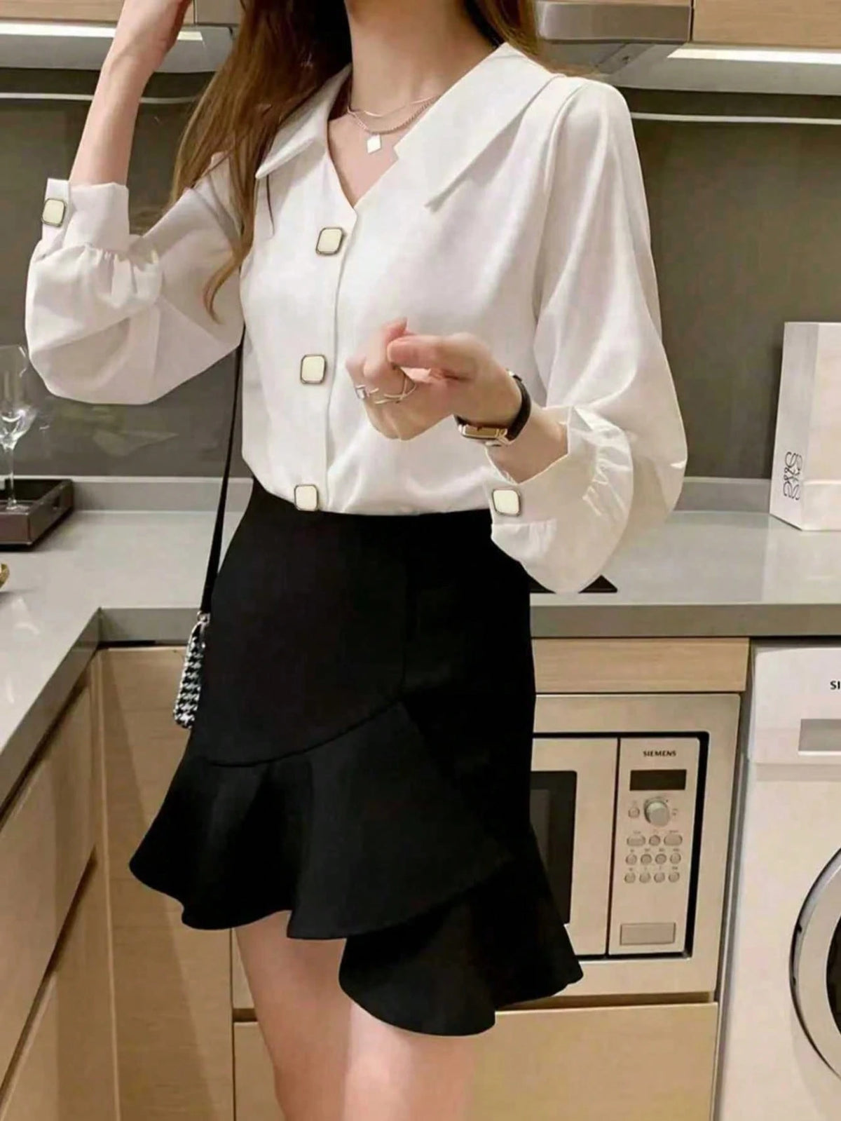 Elegant Long Sleeve Design Satin Shirt, Chic And Mature Hong Kong Style Casual White Spring