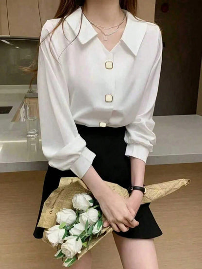 Elegant Long Sleeve Design Satin Shirt, Chic And Mature Hong Kong Style Casual White Spring