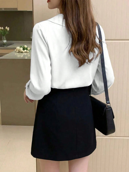 Elegant Long Sleeve Design Satin Shirt, Chic And Mature Hong Kong Style Casual White Spring