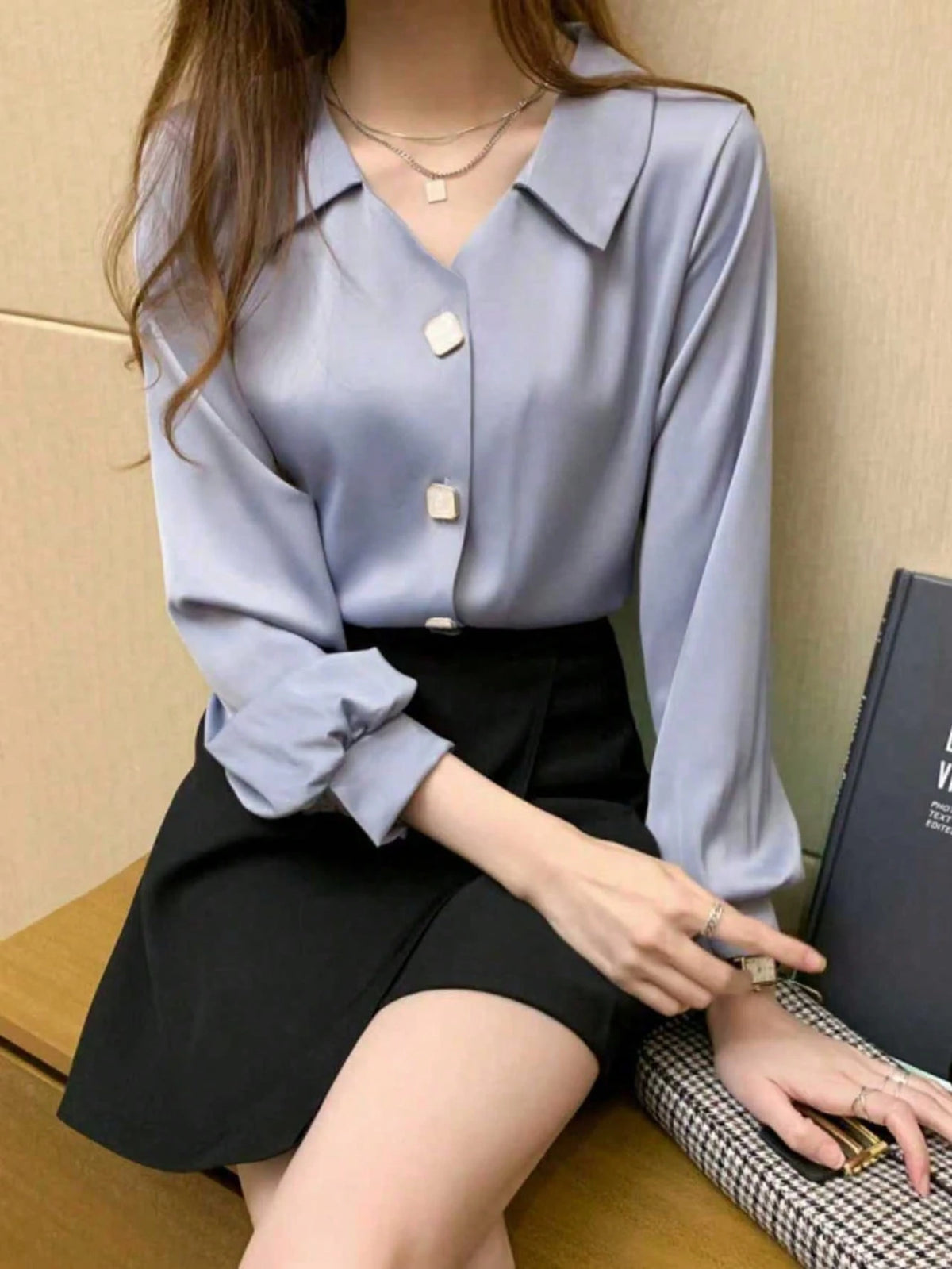 Elegant Long Sleeve Design Satin Shirt, Chic And Mature Hong Kong Style Casual White Spring