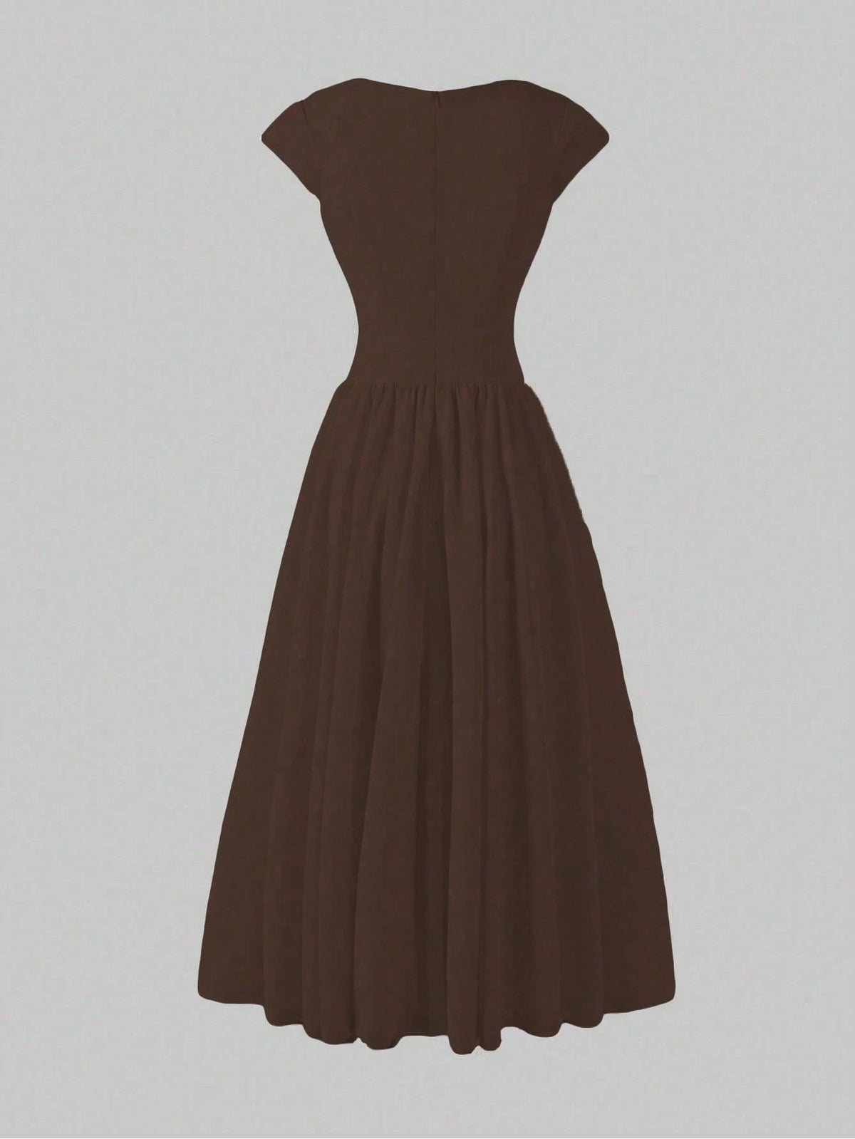 Elegant Minimalist Fashion Casual Retro Flared Short Sleeve Solid Color Pleated Zipper Women's Long Dress Brown Summer