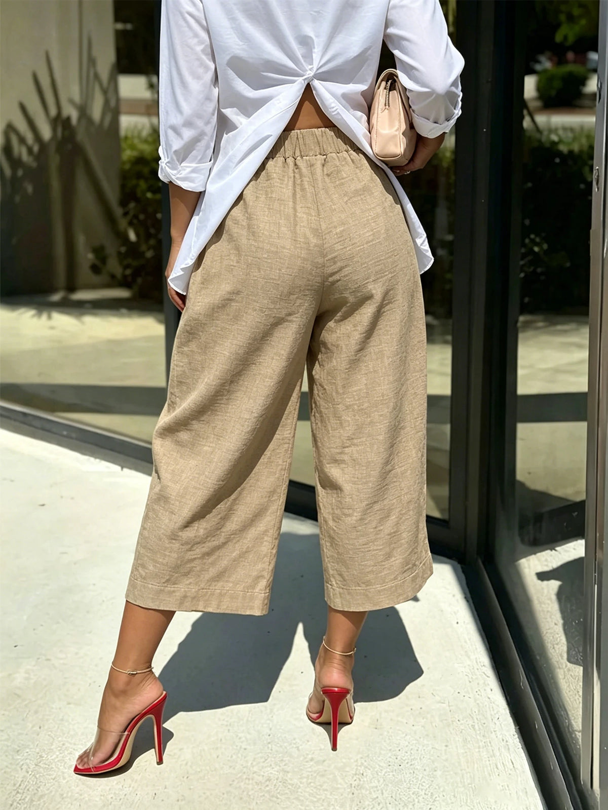 Elegant Retro French Style New Women's Khaki Faux Linen Cropped Pants, Vacation Casual, Summer Holiday, Commute, Women's Office Wear, Holiday, Outing, Spring, Autumn And Winter For Women Outing