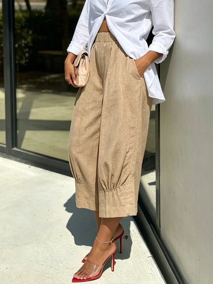 Elegant Retro French Style New Women's Khaki Faux Linen Cropped Pants, Vacation Casual, Summer Holiday, Commute, Women's Office Wear, Holiday, Outing, Spring, Autumn And Winter For Women Outing