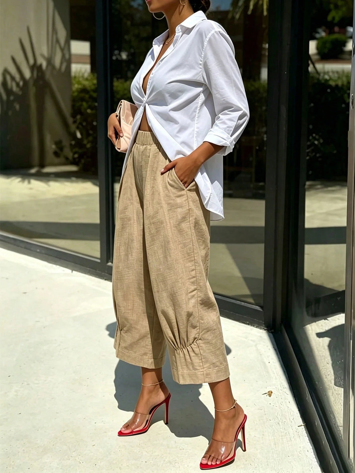 Elegant Retro French Style New Women's Khaki Faux Linen Cropped Pants, Vacation Casual, Summer Holiday, Commute, Women's Office Wear, Holiday, Outing, Spring, Autumn And Winter For Women Outing