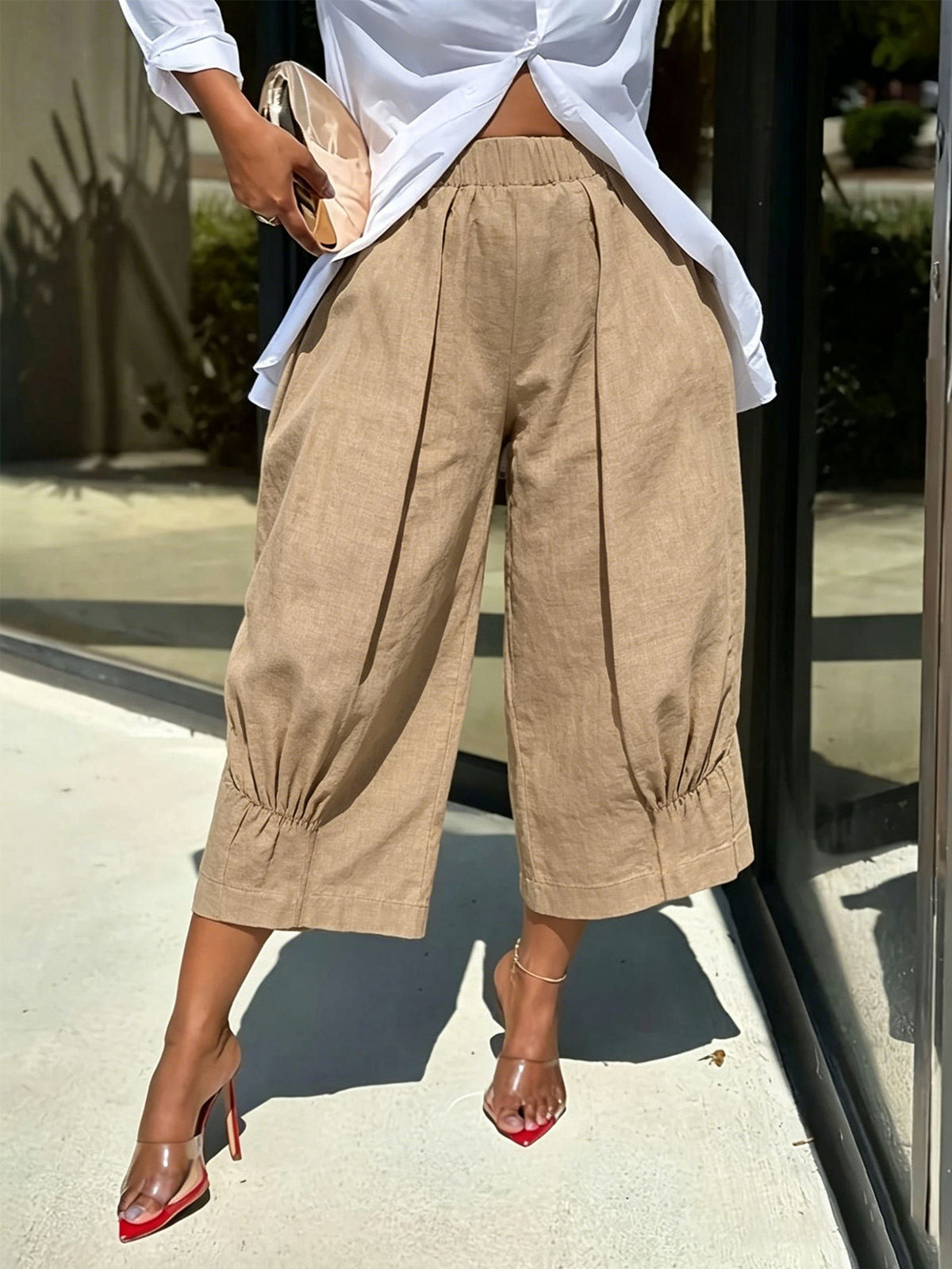 Elegant Retro French Style New Women's Khaki Faux Linen Cropped Pants, Vacation Casual, Summer Holiday, Commute, Women's Office Wear, Holiday, Outing, Spring, Autumn And Winter For Women Outing
