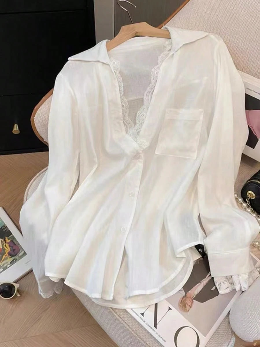 Elegant White Semi-Sheer Blouse, V-Neck Long Sleeve, Decorated With Delicate Contrast Lace Trim Spring, For Women