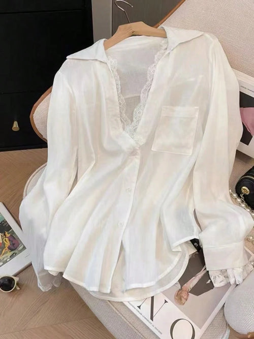 Elegant White Semi-Sheer Blouse, V-Neck Long Sleeve, Decorated With Delicate Contrast Lace Trim Spring, For Women