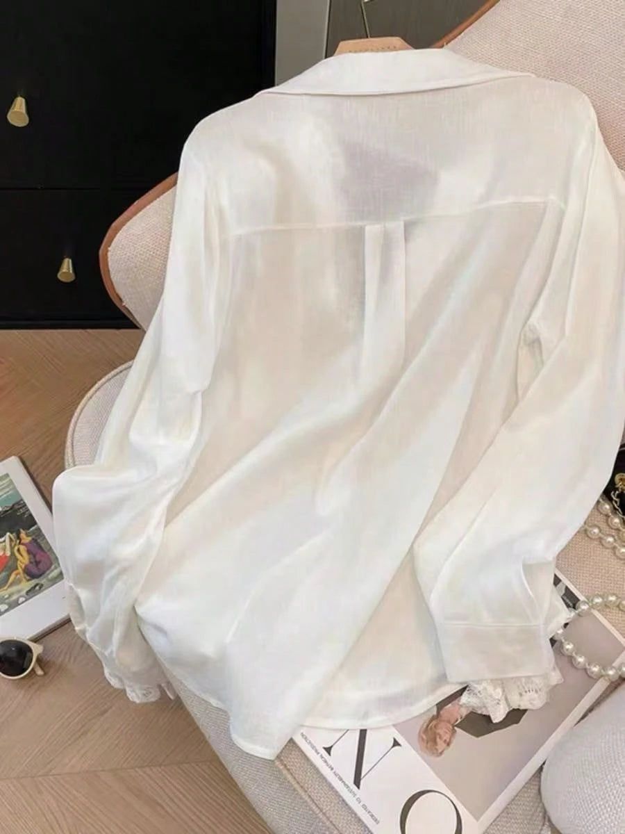 Elegant White Semi-Sheer Blouse, V-Neck Long Sleeve, Decorated With Delicate Contrast Lace Trim Spring, For Women