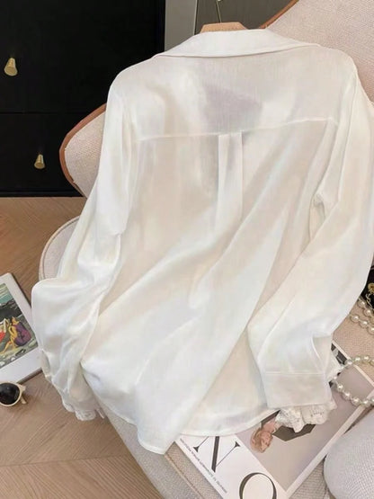 Elegant White Semi-Sheer Blouse, V-Neck Long Sleeve, Decorated With Delicate Contrast Lace Trim Spring, For Women