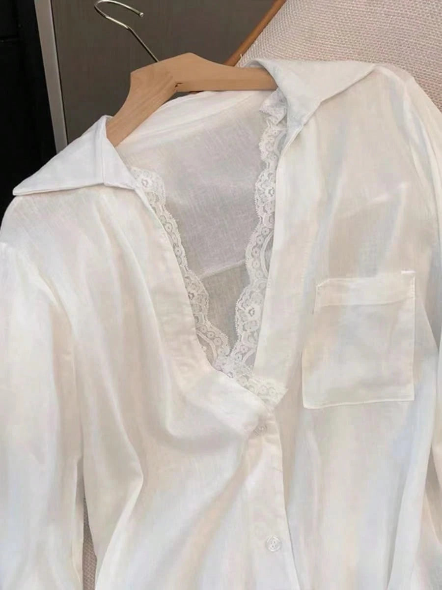 Elegant White Semi-Sheer Blouse, V-Neck Long Sleeve, Decorated With Delicate Contrast Lace Trim Spring, For Women