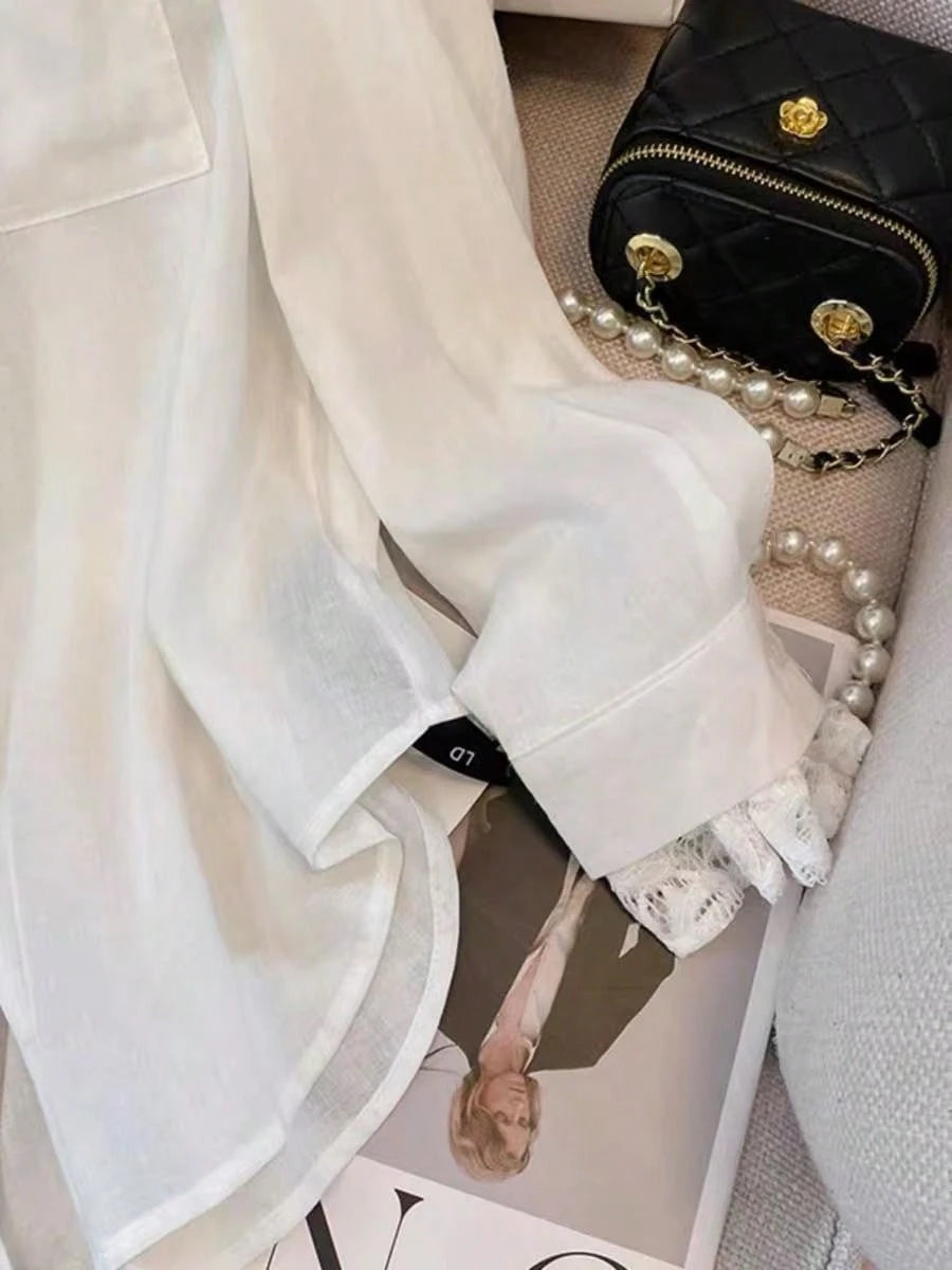 Elegant White Semi-Sheer Blouse, V-Neck Long Sleeve, Decorated With Delicate Contrast Lace Trim Spring, For Women