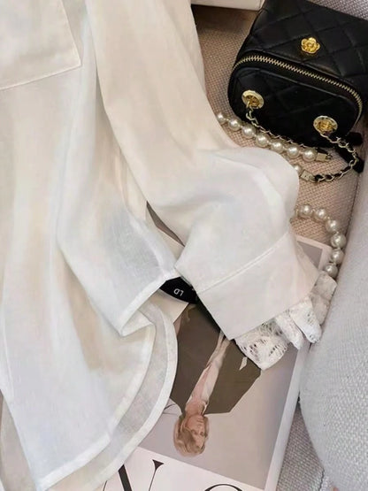 Elegant White Semi-Sheer Blouse, V-Neck Long Sleeve, Decorated With Delicate Contrast Lace Trim Spring, For Women