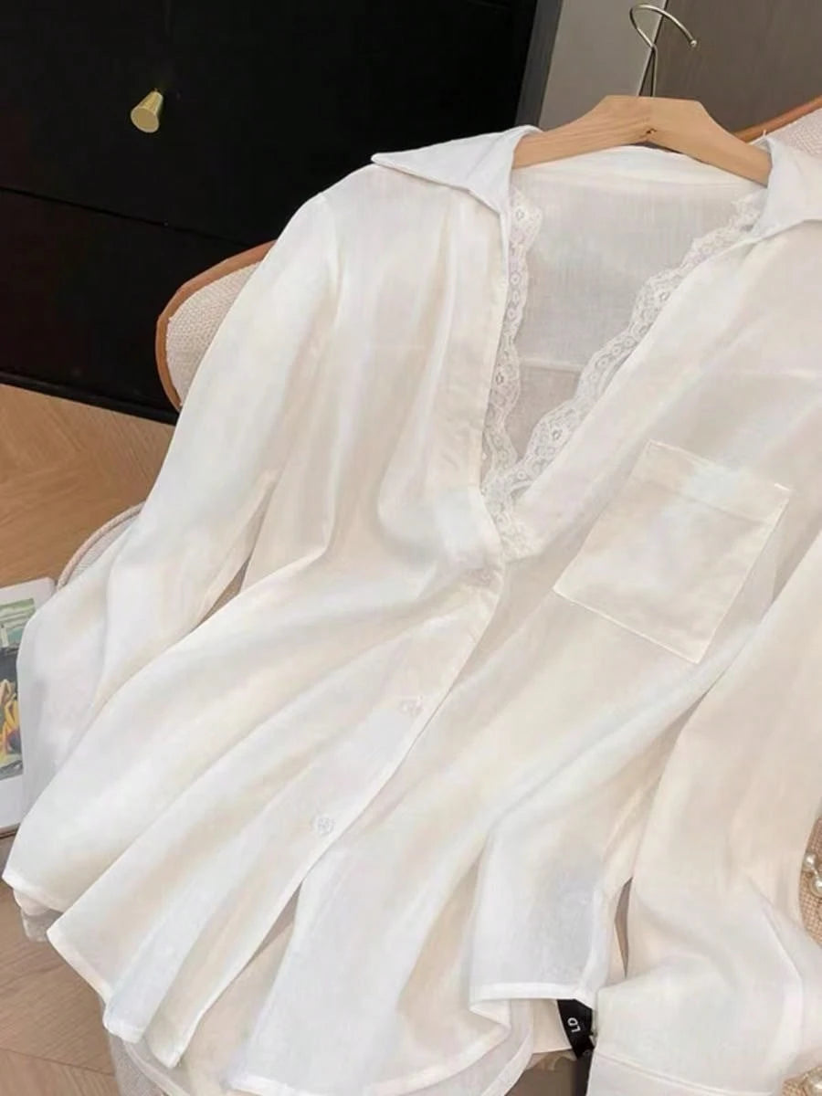 Elegant White Semi-Sheer Blouse, V-Neck Long Sleeve, Decorated With Delicate Contrast Lace Trim Spring, For Women