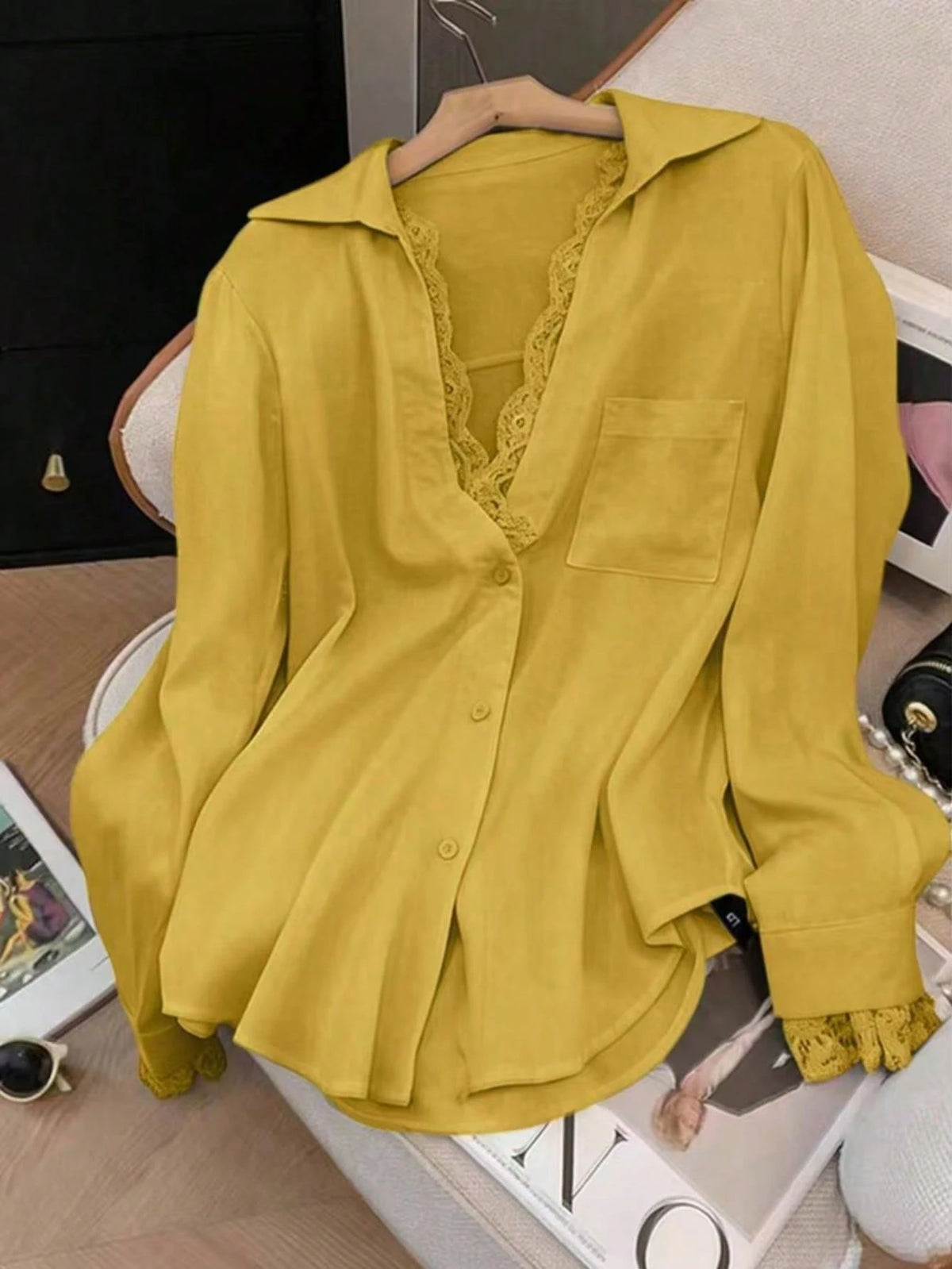 Elegant White Semi-Sheer Blouse, V-Neck Long Sleeve, Decorated With Delicate Contrast Lace Trim Spring, For Women