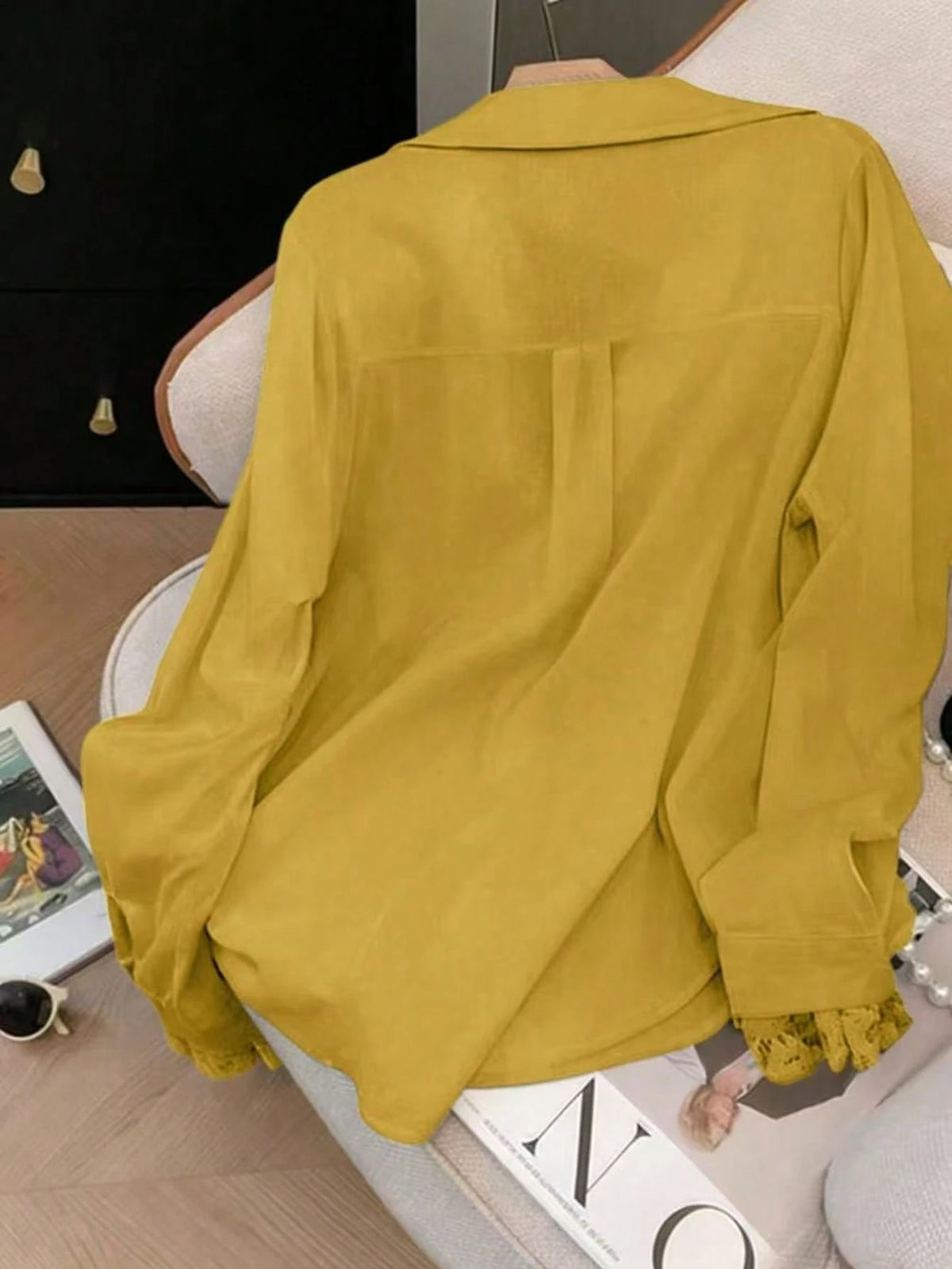 Elegant White Semi-Sheer Blouse, V-Neck Long Sleeve, Decorated With Delicate Contrast Lace Trim Spring, For Women