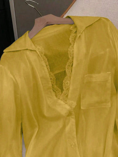 Elegant White Semi-Sheer Blouse, V-Neck Long Sleeve, Decorated With Delicate Contrast Lace Trim Spring, For Women
