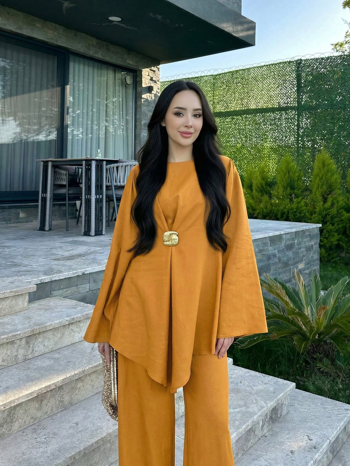 Elegant Women's Loose Two Pieces Set, Round Neck Long Sleeve Top And Wide Leg Pants, Made Of Non-Stretch Woven Fabric Fall
