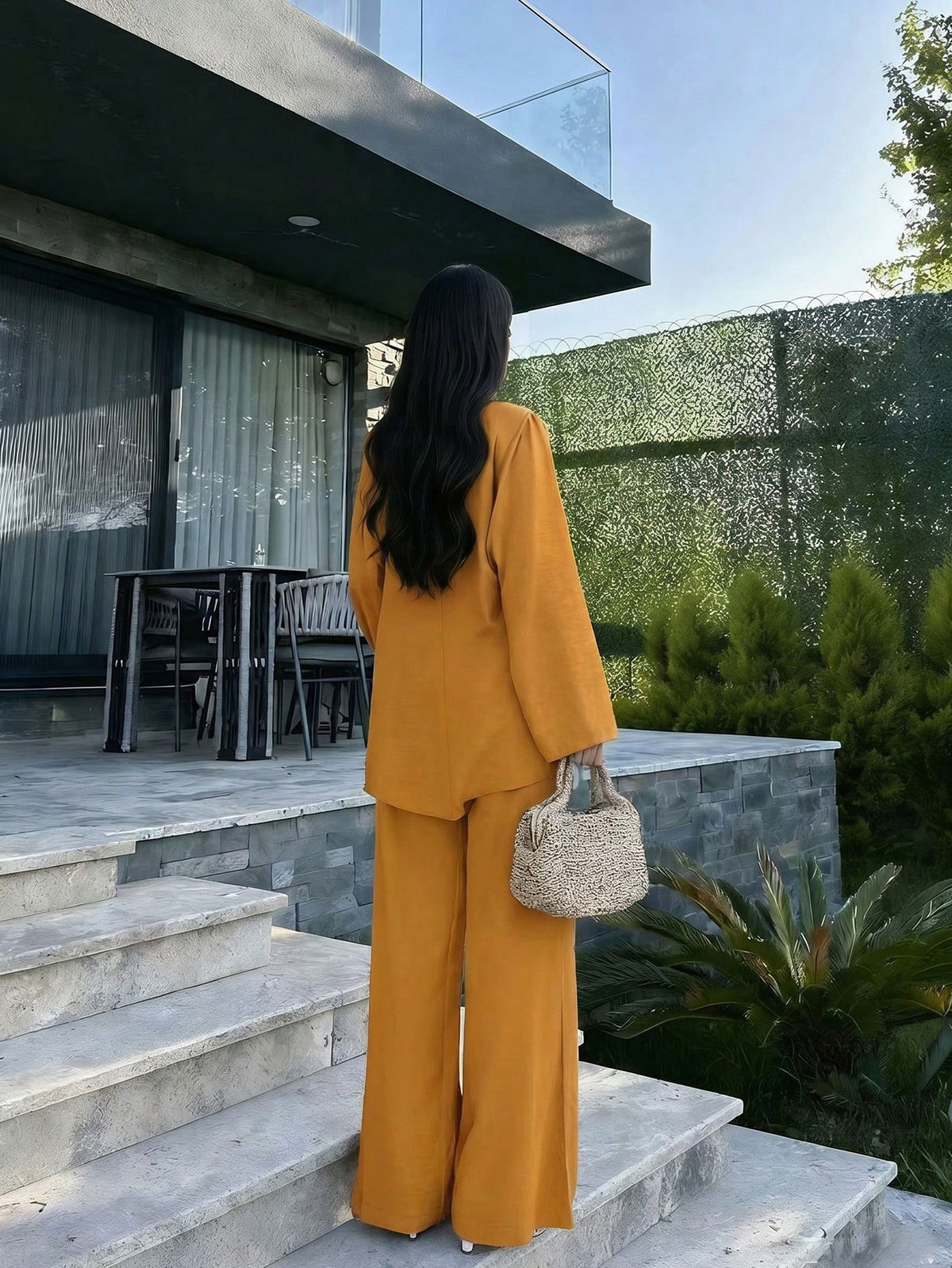 Elegant Women's Loose Two Pieces Set, Round Neck Long Sleeve Top And Wide Leg Pants, Made Of Non-Stretch Woven Fabric Fall