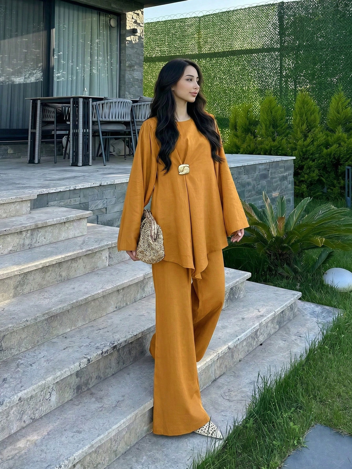 Elegant Women's Loose Two Pieces Set, Round Neck Long Sleeve Top And Wide Leg Pants, Made Of Non-Stretch Woven Fabric Fall
