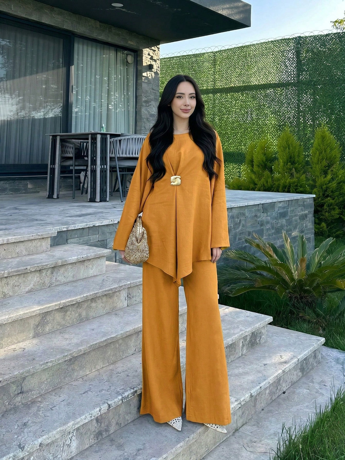 Elegant Women's Loose Two Pieces Set, Round Neck Long Sleeve Top And Wide Leg Pants, Made Of Non-Stretch Woven Fabric Fall
