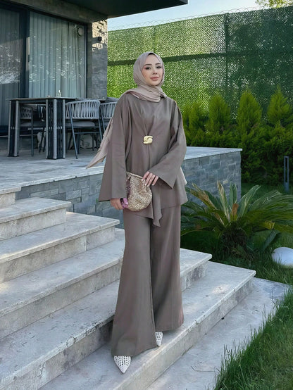 Elegant Women's Loose Two Pieces Set, Round Neck Long Sleeve Top And Wide Leg Pants, Made Of Non-Stretch Woven Fabric Fall