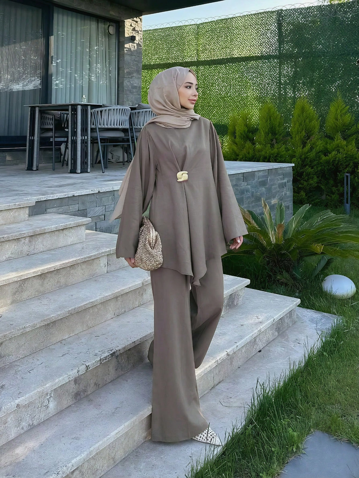 Elegant Women's Loose Two Pieces Set, Round Neck Long Sleeve Top And Wide Leg Pants, Made Of Non-Stretch Woven Fabric Fall