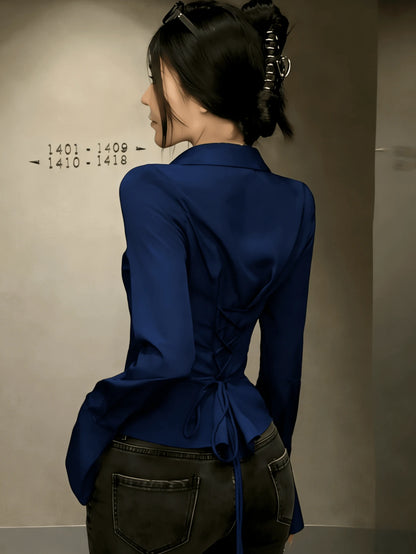 Elegant Women's Solid Color Shirt With Unique Back Tie And Front Button Details- Long Sleeve, Suitable For All Seasons